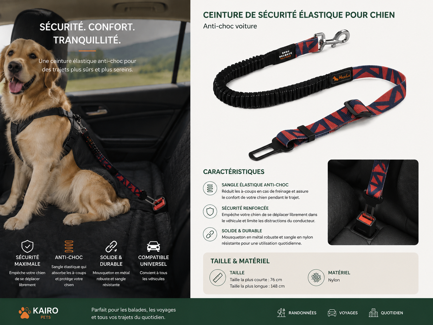 Adjustable Dog Car Seat Belt with Shock-Absorbing Bungee