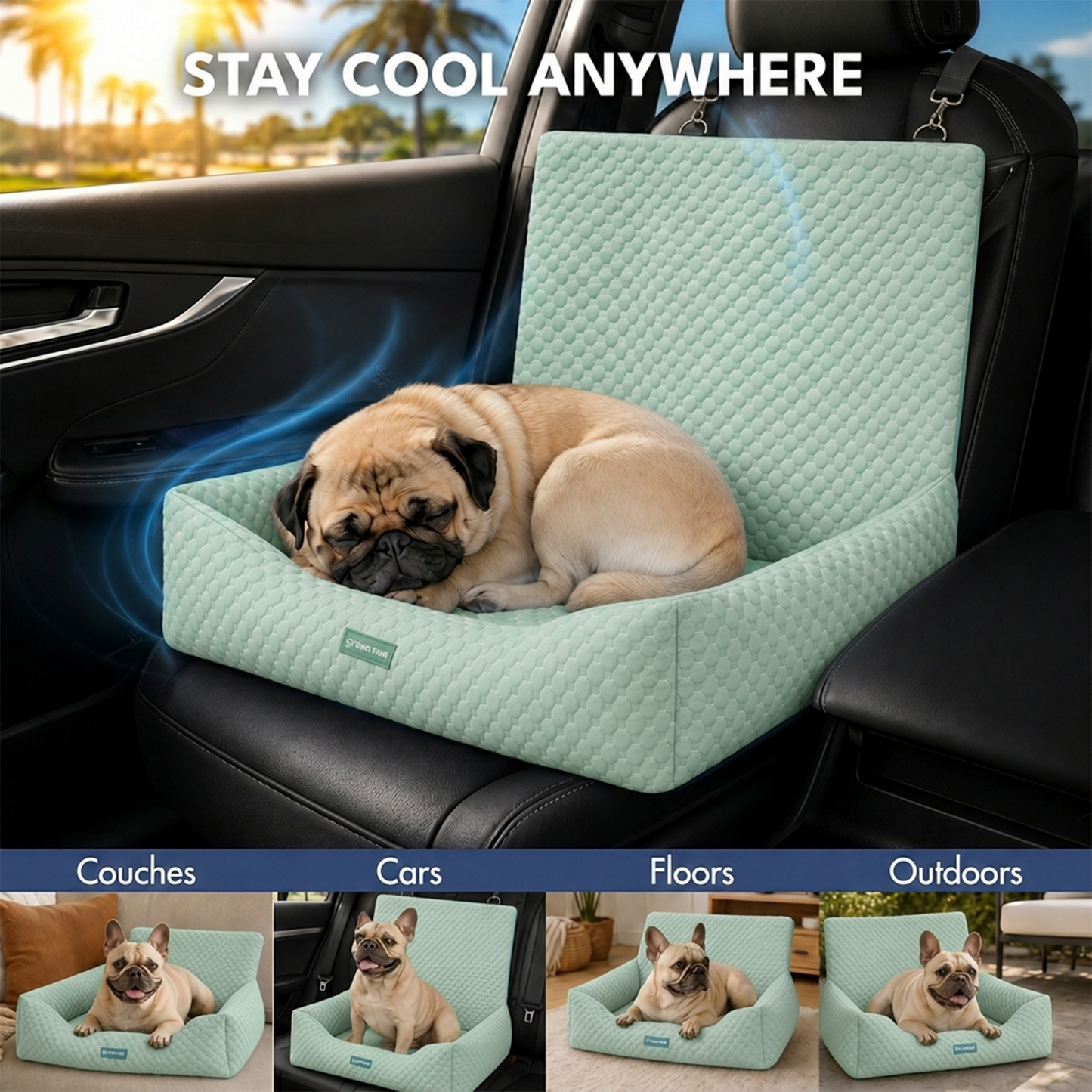 Cooling Dog Car Seat Bed with Headrest Strap