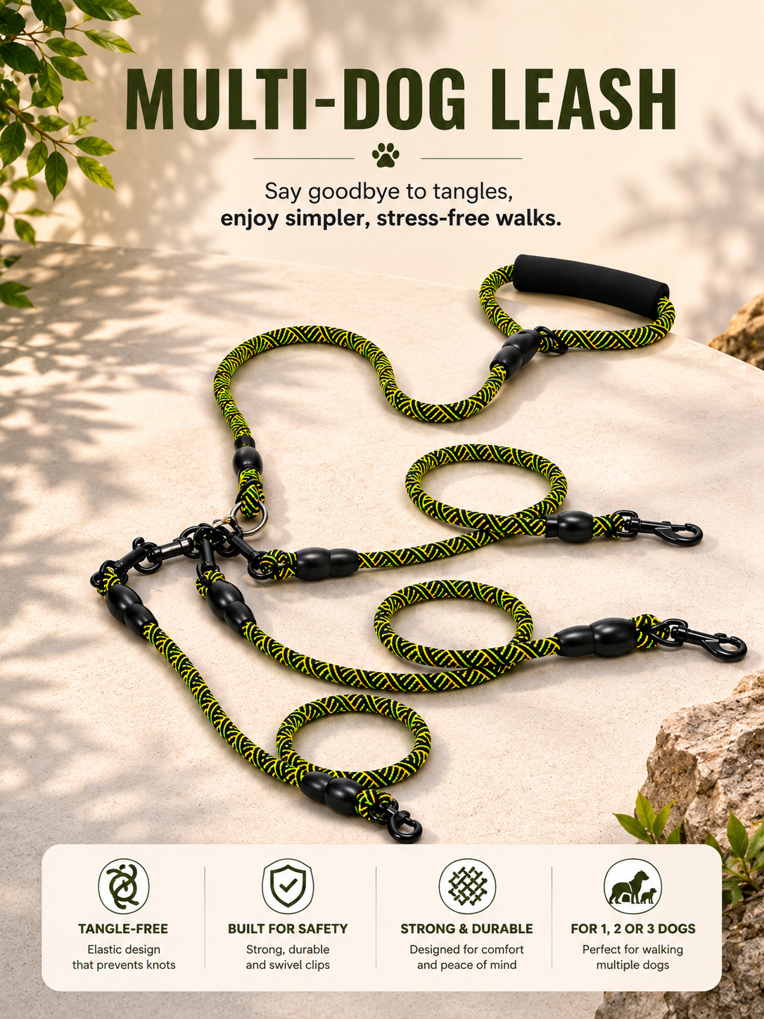 Tangle-Free Multi-Dog Leash for 1, 2 or 3 Dogs