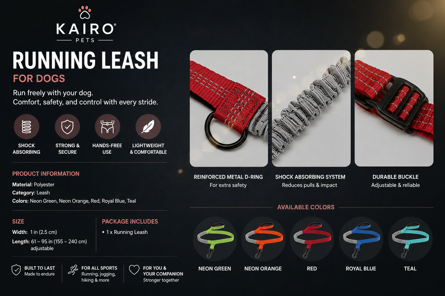 Hands-Free Running Dog Leash with Shock-Absorbing Bungee