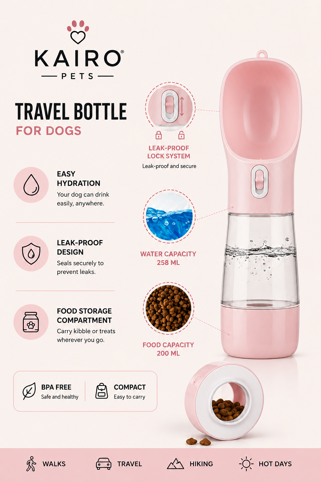 2-in-1 Portable Dog Water Bottle with Food Container