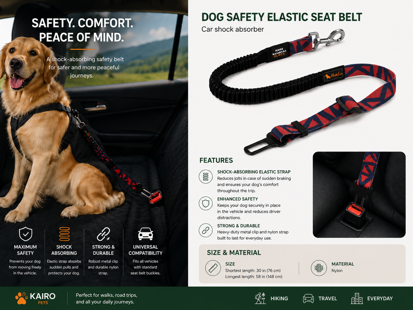 Adjustable Dog Car Seat Belt with Shock-Absorbing Bungee