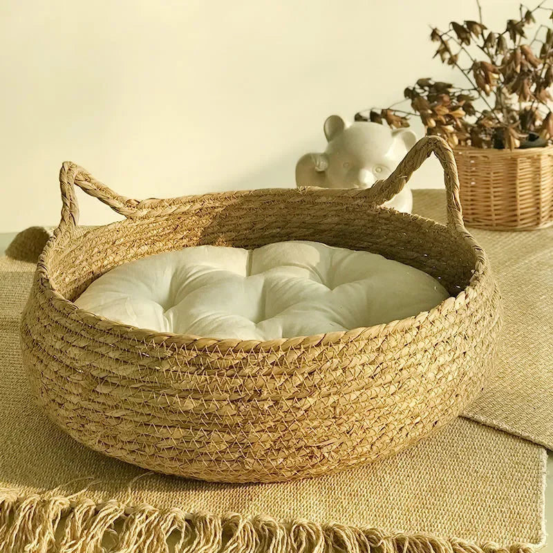 Woven Cat Basket Bed with Removable Cushion