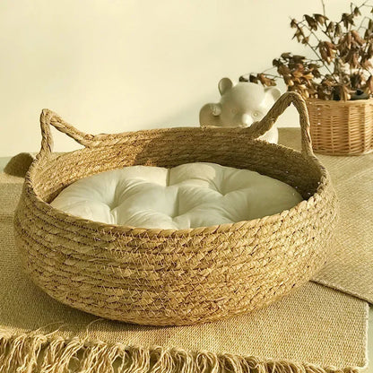 Woven Cat Basket Bed with Removable Cushion