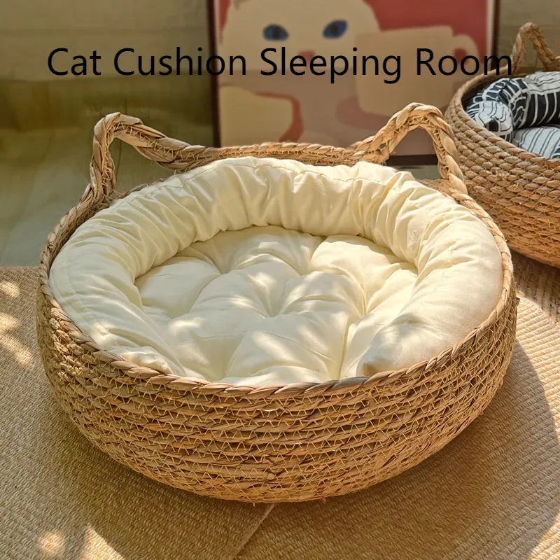Woven Cat Basket Bed with Removable Cushion
