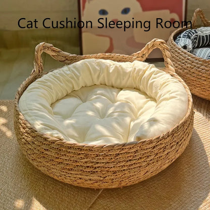 Woven Cat Basket Bed with Removable Cushion