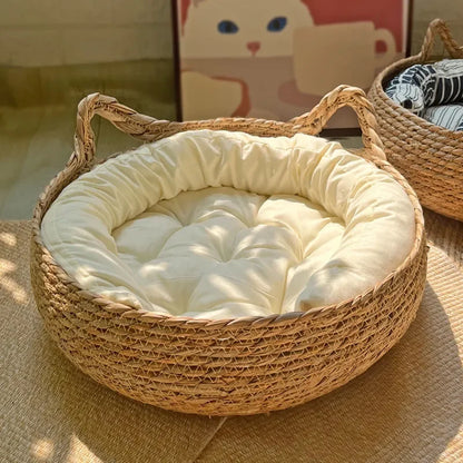 Woven Cat Basket Bed with Removable Cushion