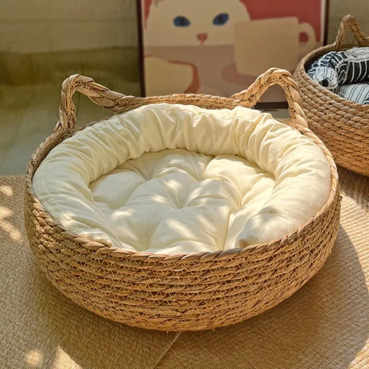 Woven Cat Basket Bed with Removable Cushion