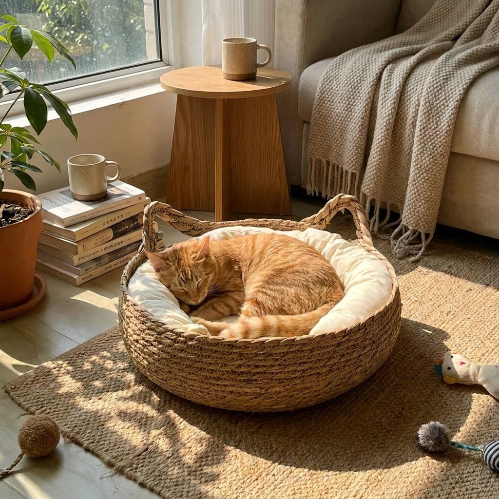 Woven Cat Basket Bed with Removable Cushion